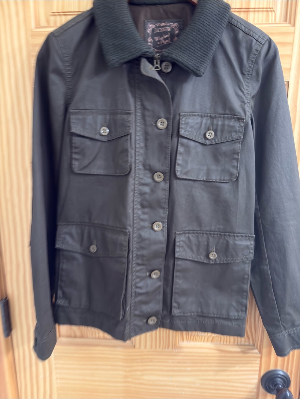 J. Crew Olive Washed & Aged Utility Jacket with Black Rib Collar